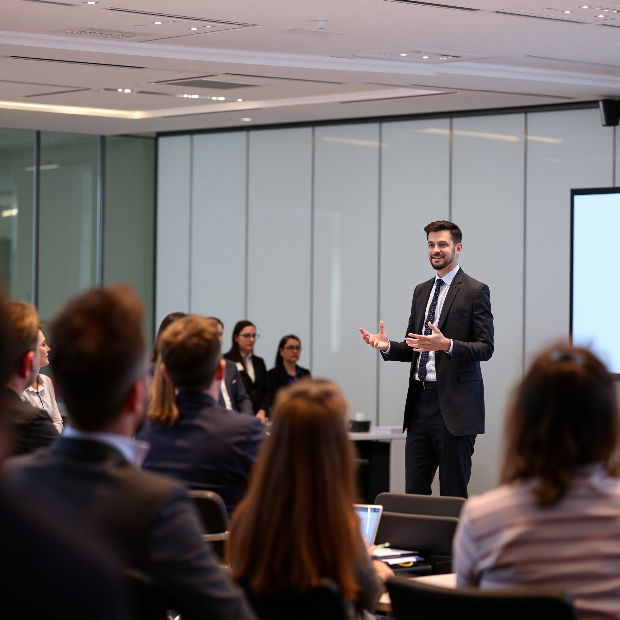 Executive presenter delivering strategic communication to engaged audience in professional conference setting