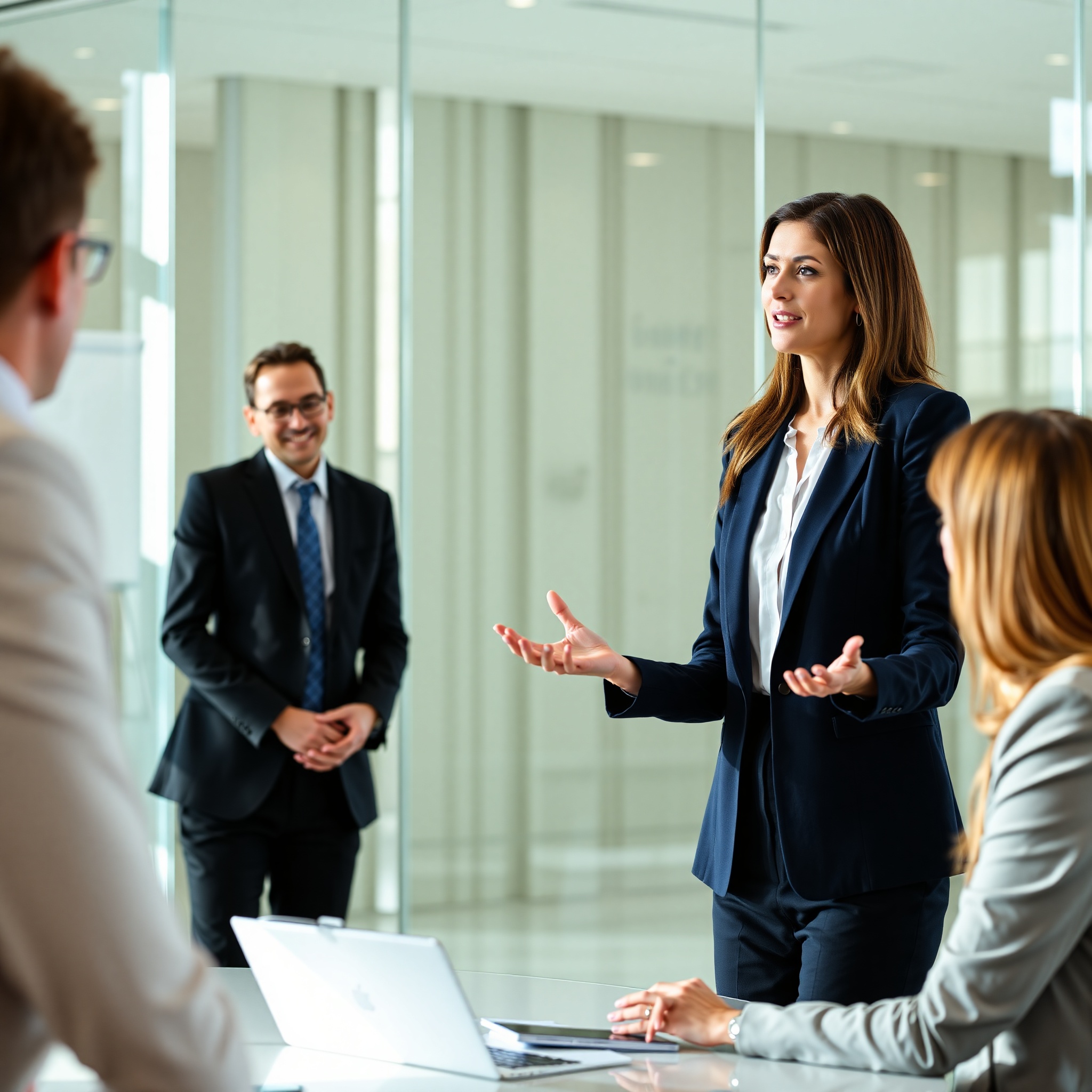 Professional woman in business attire discussing career growth strategies in modern office environment