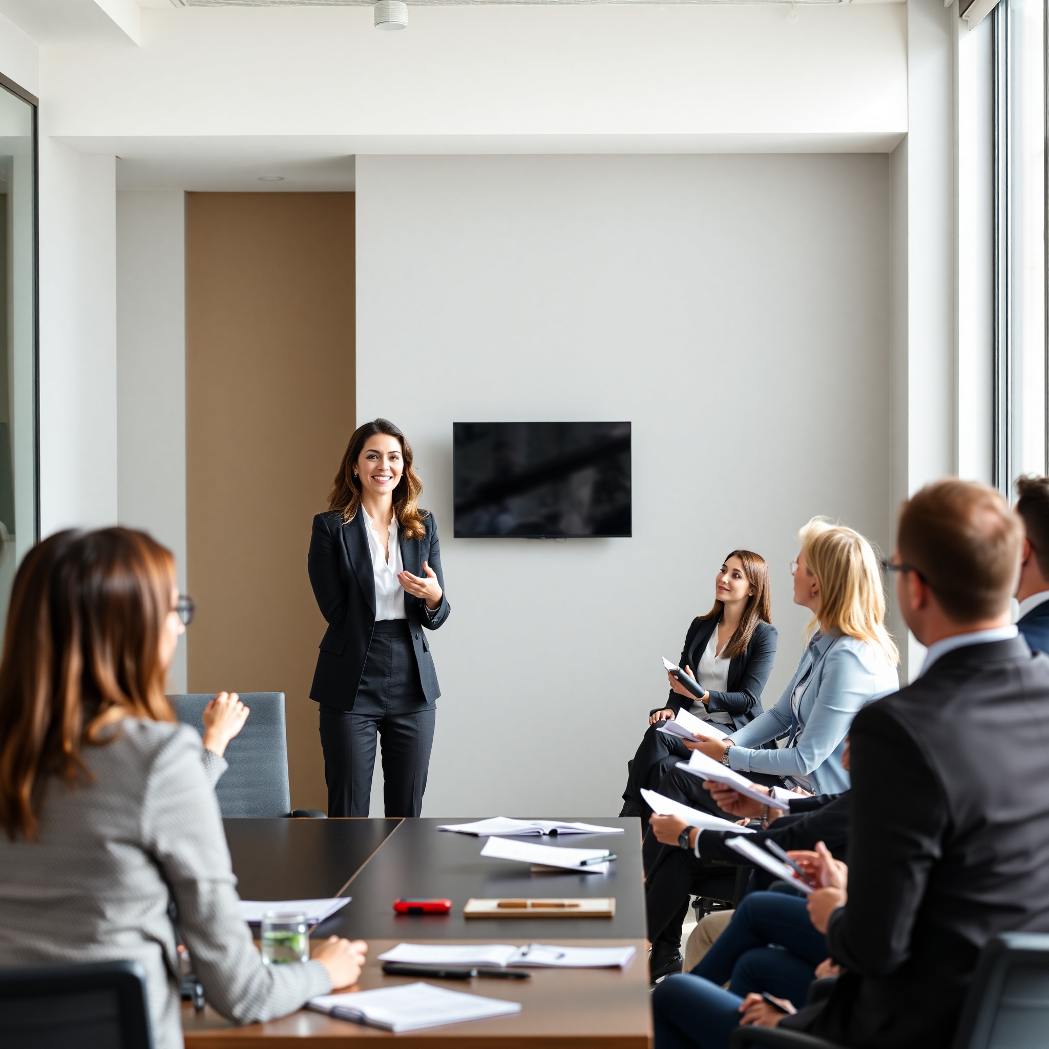 Professional woman presenting strategy to diverse team in modern office conference room