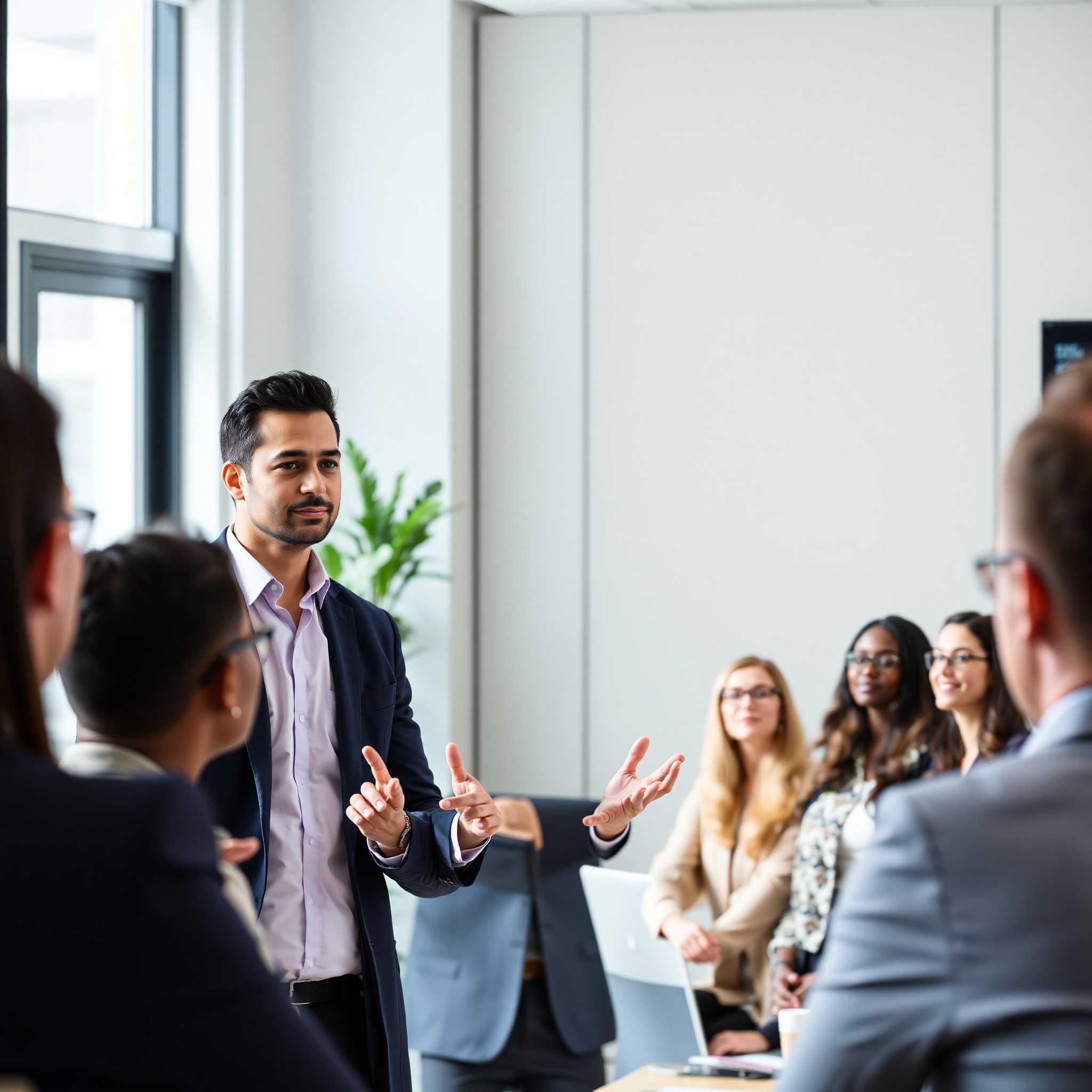 Professional presenting strategic communication to engaged team