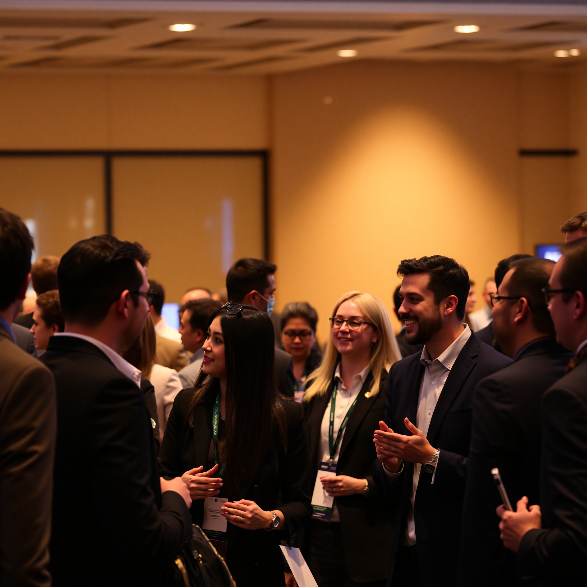 Diverse professionals networking at professional event, engaging conversations, collaborative atmosphere