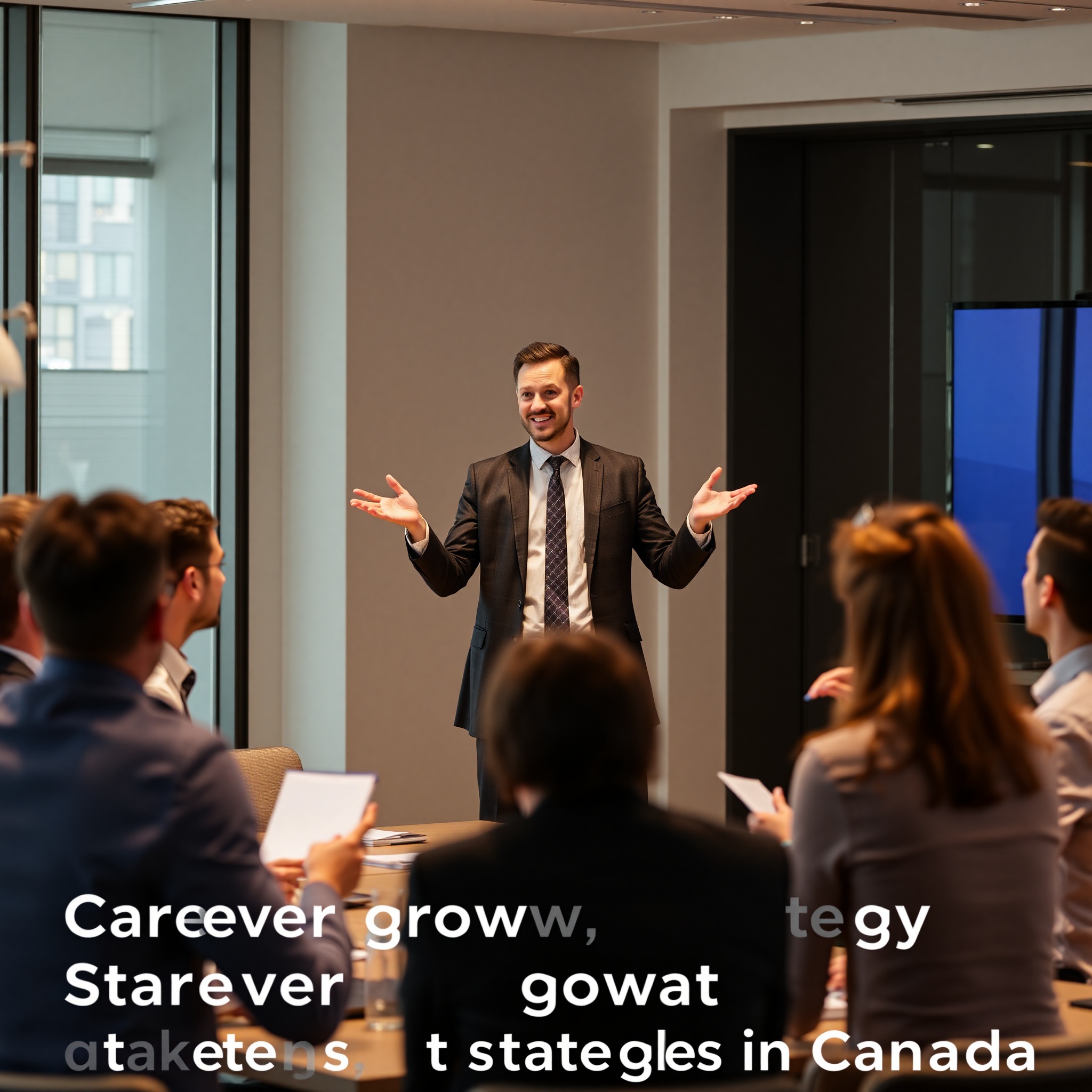 Professional man presenting to executives in boardroom, confident posture, strategic discussion