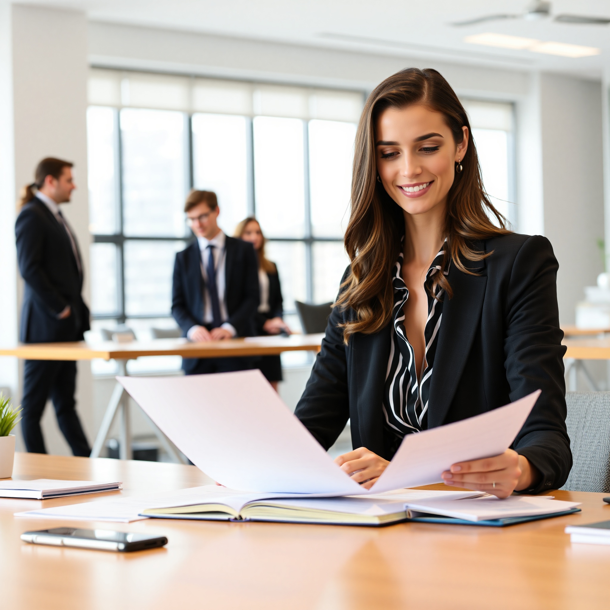 Professional woman reviewing skill development certificate in modern office setting with colleagues in background
