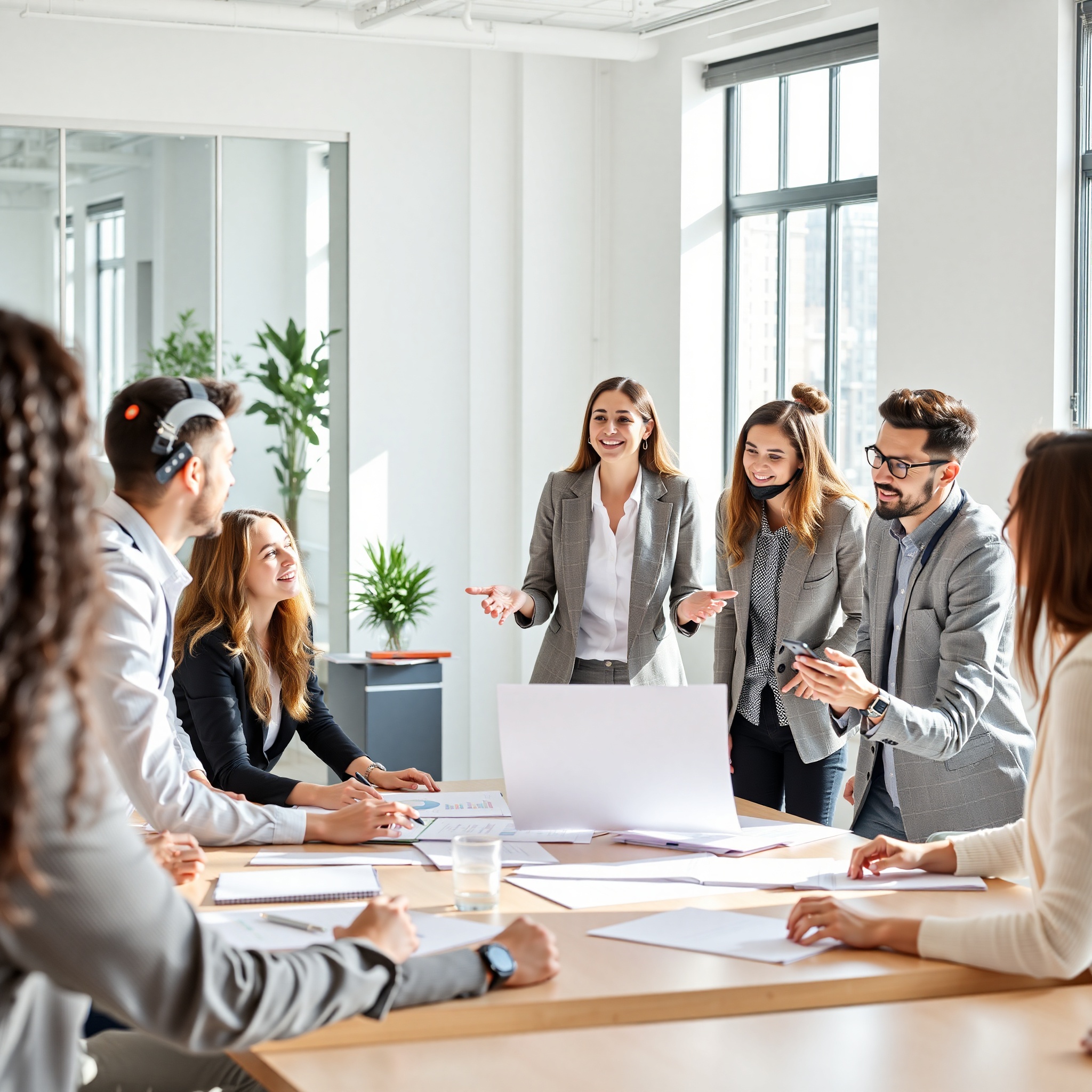 Professional woman leading strategic planning session with diverse team members around modern conference table, natural office lighting